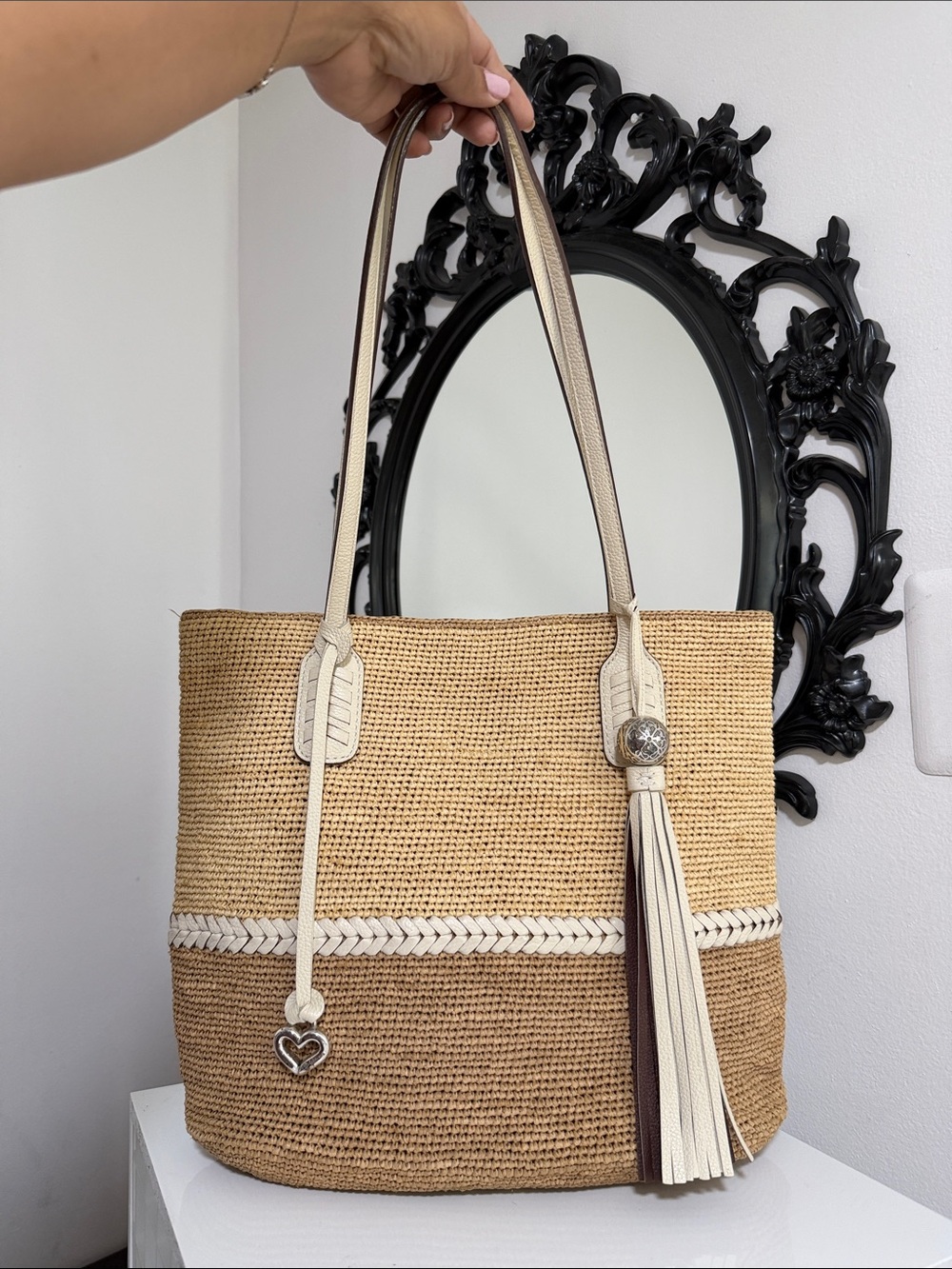 Brighton Natural Tan Woven Tote with Cream Trim and Tassel Charm